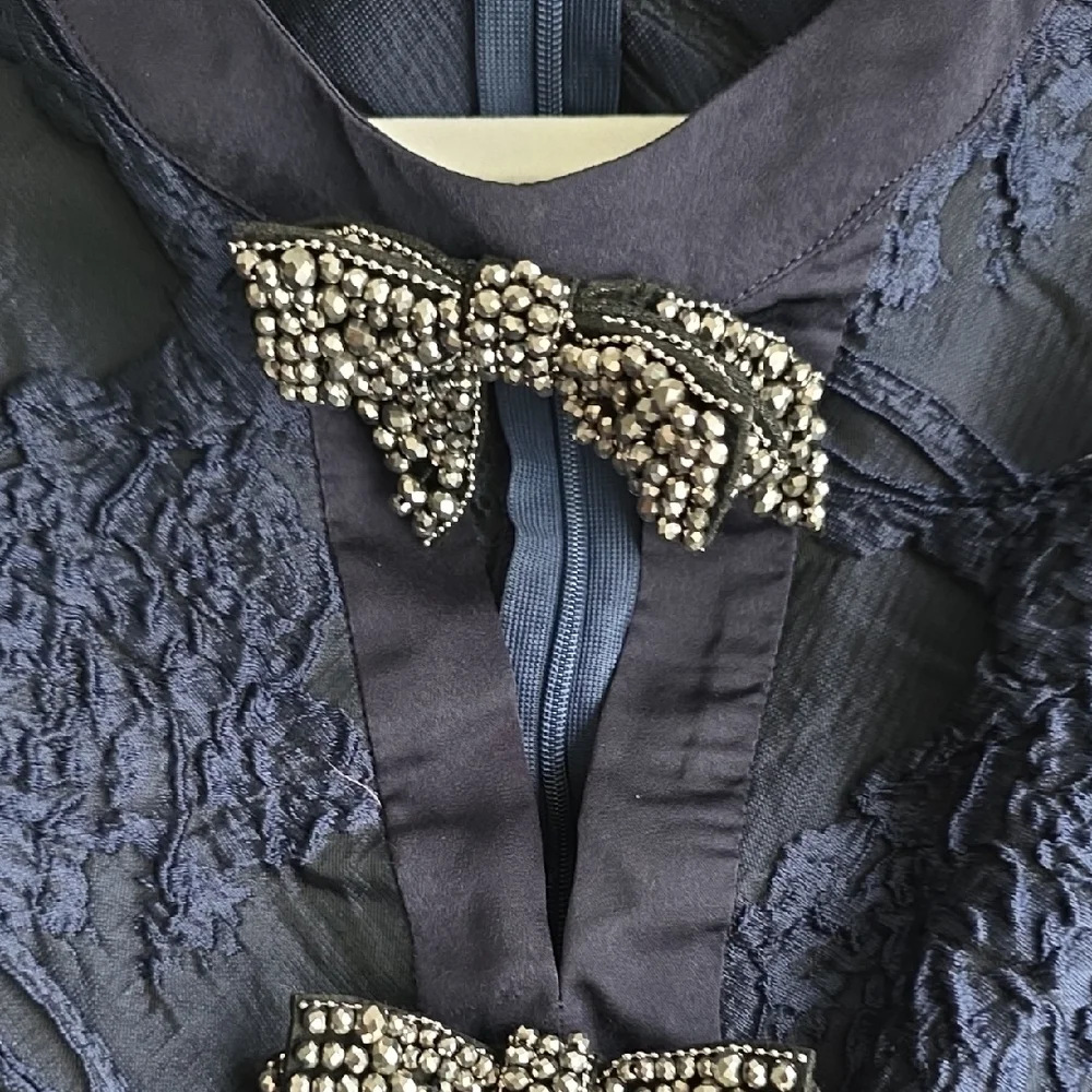 Navy Jacquard Mini Dress with Bow Accents - Picture 6 of 15